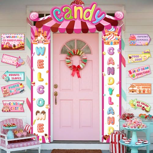 Pink Candyland Welcome Door Banner & Party Decorations - Kids Birthday & Holiday, Candy Theme, Halloween Christmas