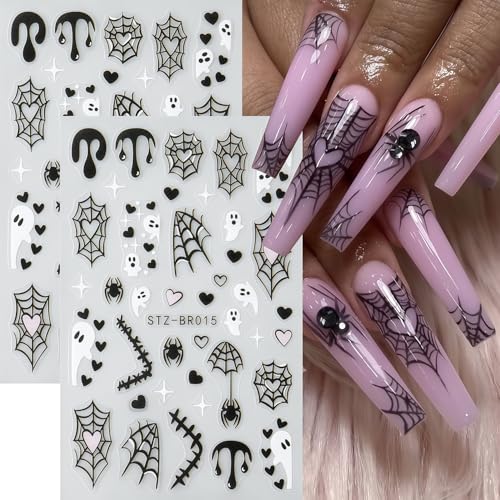 Halloween Nail Stickers 6 Sheets Spider Web Bat Ghost Design - Self-Adhesive DIY Manicure Decor