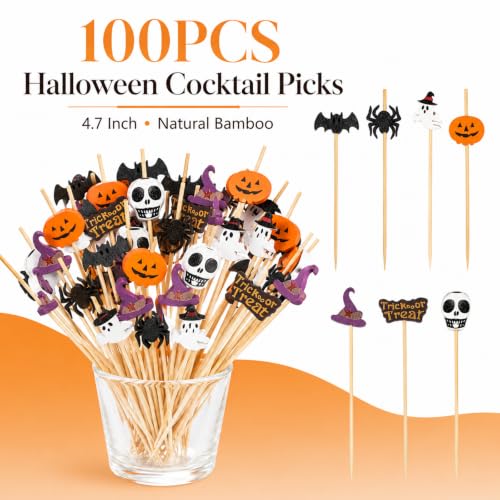 Halloween Cocktail Picks 100PCS - Pumpkin Spider Ghost Food Toothpicks with Variation Halloween