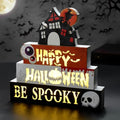Halloween Indoor 9.4" 4-Tier Wooden Block Set with Glowing 3D Letters & Witch's House Topper — Spooky Decor