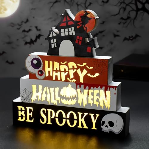 Halloween Indoor 9.4" 4-Tier Wooden Block Set with Glowing 3D Letters & Witch's House Topper — Spooky Decor
