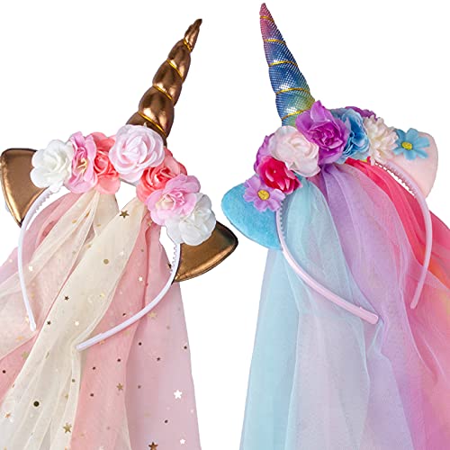 Unicorn Headband Set - Rainbow, Rose Gold & White Horns with Tulle for Birthday & Easter