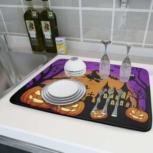 Halloween Pumpkin Dish Drying Mat for Kitchen Counter 18x24 Inch with Witch Ghost Castle Design - Purple Microfiber Drainer Mat