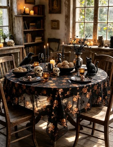 Halloween Skull Tablecloth 64x72 Inch Black and Gold Gothic Party Decor