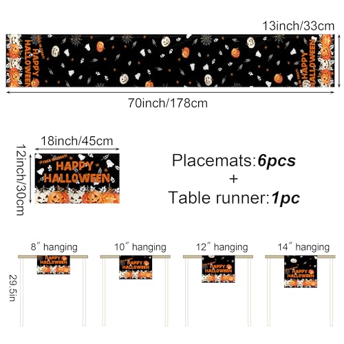 Halloween Pumpkin Ghost Table Runner & Placemats Set of 6 - 70 Inches