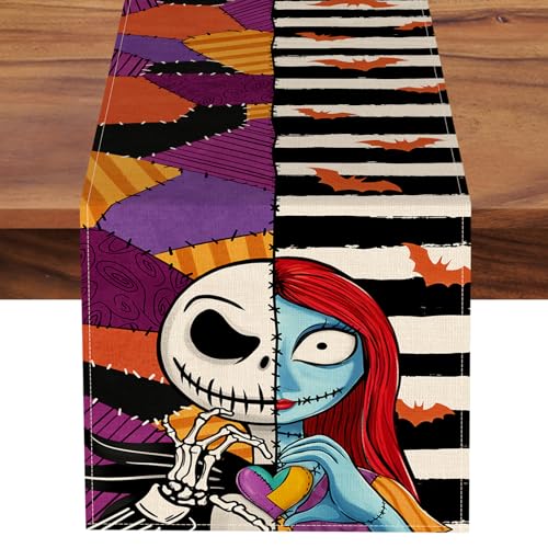 Halloween Jack Table Runner - Black White Stripes Patch Bat, 13 x 72 Inches