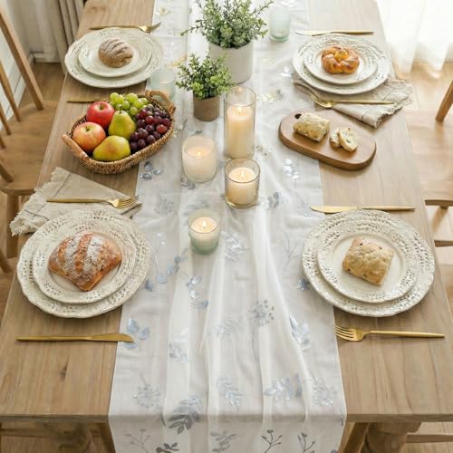 10FT White Silver Floral Leaves Gauze Table Runner - Wedding Party Decor