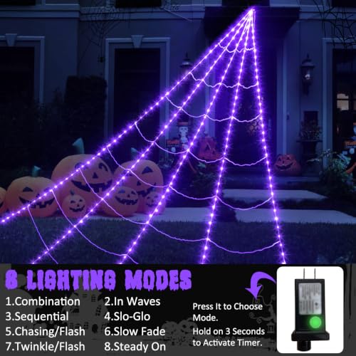 Purple Halloween Spider Web Lights Kit with 78.7" Spider & 23ft Cobweb - 8 Modes