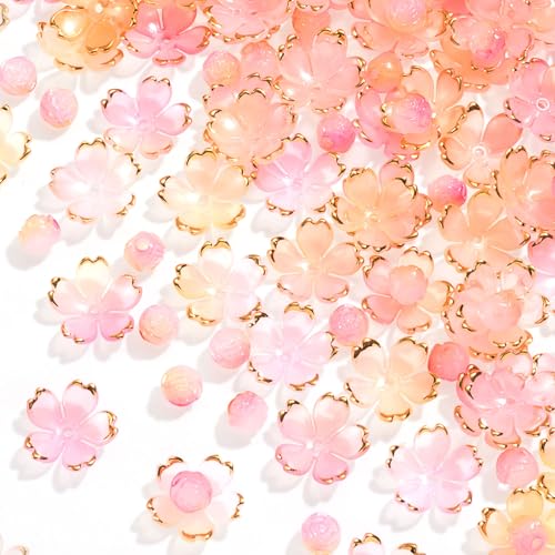 Pink Gradient Flower Beads & Round Charm Set for Jewelry Making - 200Pcs