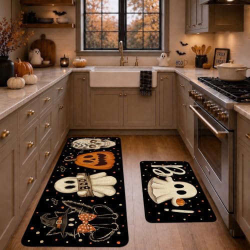 Halloween Kitchen Mat Decor Non Slip Washable Set of 2 - Black Halloween Elements