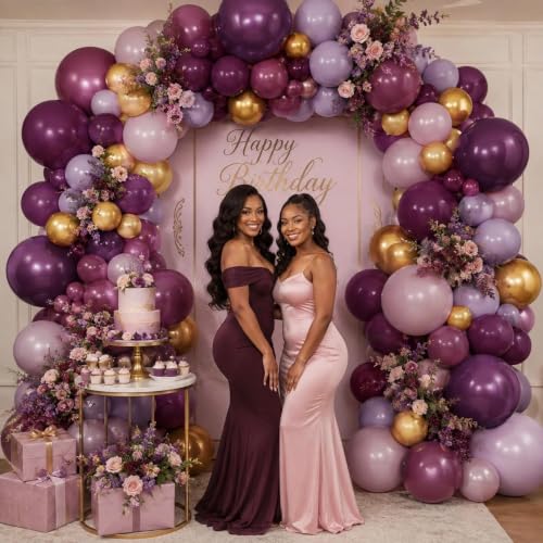 Dark Purple Pink Balloon Garland Kit Double Stuffed Plum Mauve Burgundy Gold Arch with 5-18 Inch Balloons - Variation of Dark Purple Pink Gold