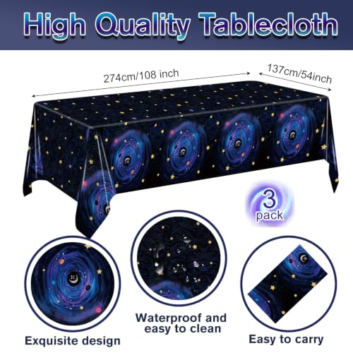 Starry Sky Galaxy Birthday Party Tablecloths - Waterproof 3 Pack 54x108 inches