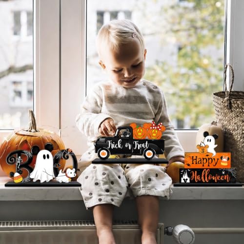 Halloween Wooden Table Signs Set - Pumpkin Ghost Truck & Happy Halloween Decor