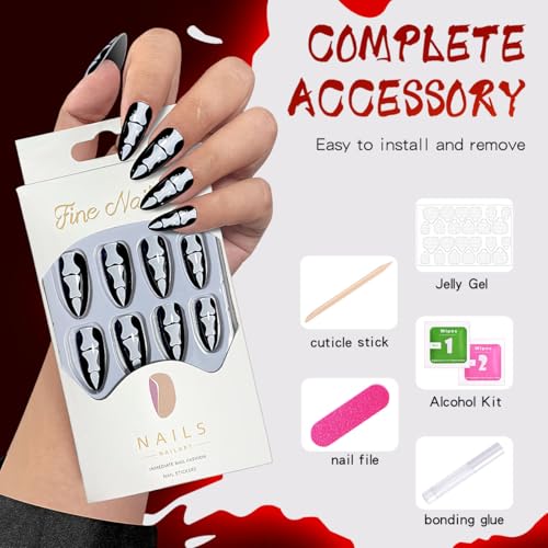 Halloween Press On Nails Kit Medium Stiletto Skeleton Vampire Black Fake Nails WSJ-2024-001