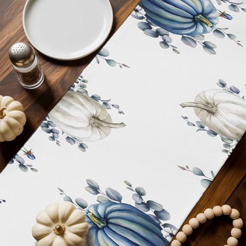 Fall Thanksgiving Table Runner 13 x 90 Inches Grey Blue Pumpkin Eucalyptus