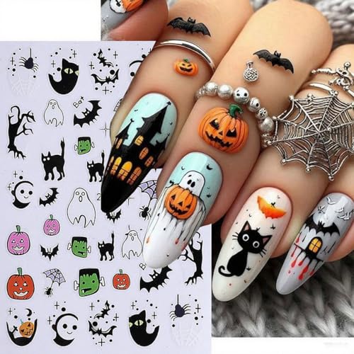 Halloween Nail Stickers Pumpkin Ghost Bat Web Skull Floral DIY Self-Adhesive Decor - Style 8