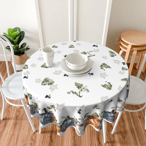 Yellow Hello Fall Watercolor Pumpkin Round Tablecloth 60 Inch Waterproof Autumn Decor