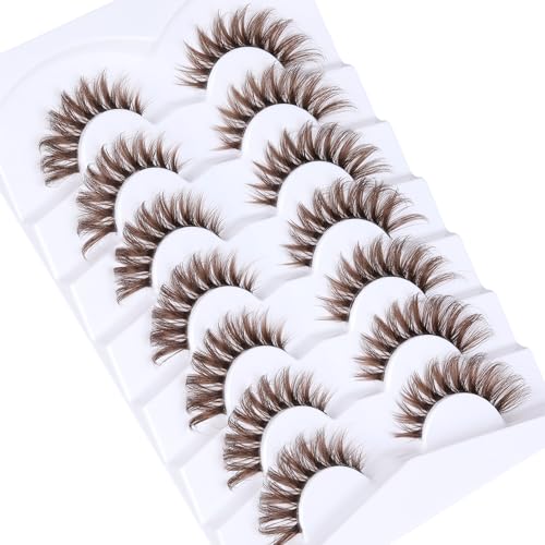 Wispy Brown Cat Eye False Eyelashes - 11-18mm Full Strip, CD Curly, 7 Pairs, B.wispy Style