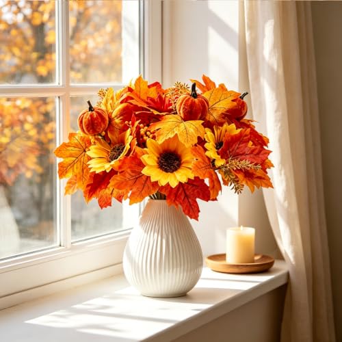 Autumn Artificial Floral Picks Set - 6 Pack Fall Silk Flowers with Pumpkins Sunflowers & Maple Leaves for Decor