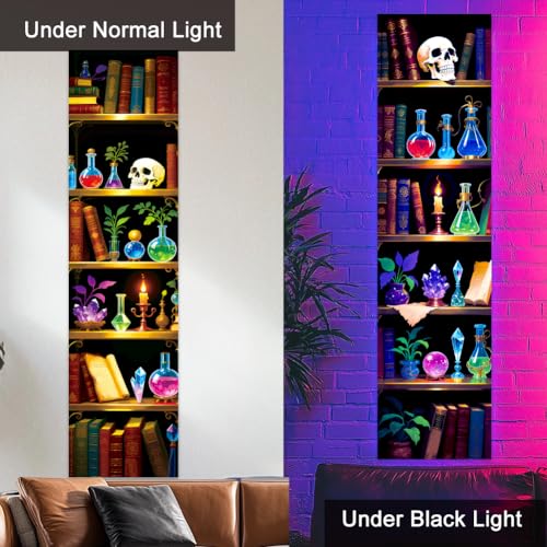 UV Reactive Black Light Tapestry - Magic Bookshelf Design, Trippy Wall Decor for Bedroom & Room Backdrop - 2 Pieces
