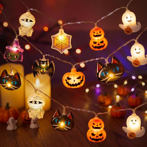 Halloween String Lights Set - 19.7Ft 30 LED Ghost & Pumpkin 3D Designs, Battery Operated with 8 Modes, Indoor Outdoor Decor, Multiple Character Variations