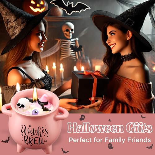 Pink Halloween Cauldron Candle with Spooky Decorations & Pumpkin Scent - 14oz Gift for Women & Teens