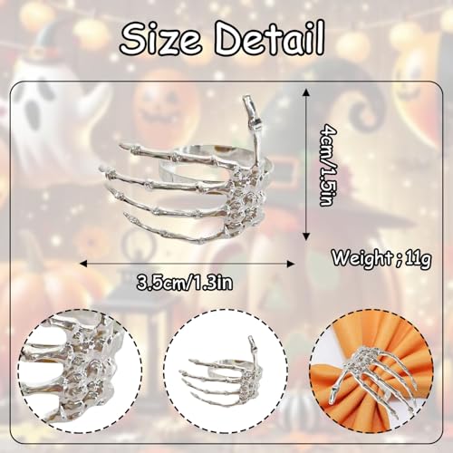 Halloween Napkin Rings Set of 6 - Size 7 Silver Skeleton Hand Table Decor