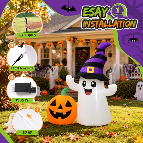 Halloween Inflatable Ghost with Pumpkin Yard Decoration - 5.5FT, LED Lights, Easy Setup - Variation of Ghost Pumpkin