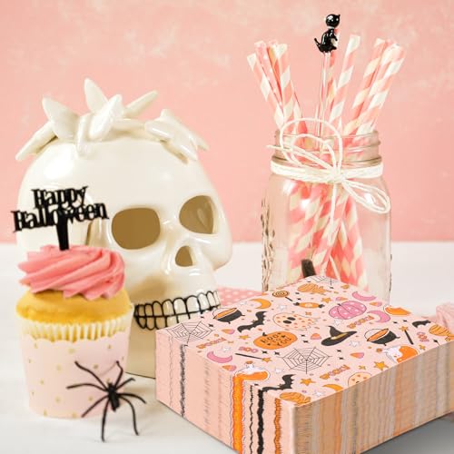 Halloween Ghost Pumpkin Spider Web Paper Napkins Set - Pink 100 Pack - Party Supplies