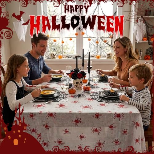 Halloween Spider Tablecloth - Red Spider Design, 85x108in, Reusable, Spider Table Cover - Spider Tablecloth Variation