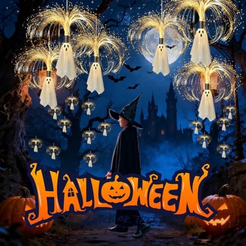 2FT Solar Ghost Garden Lights - Outdoor Halloween Decorations, Warm White 2-Pack