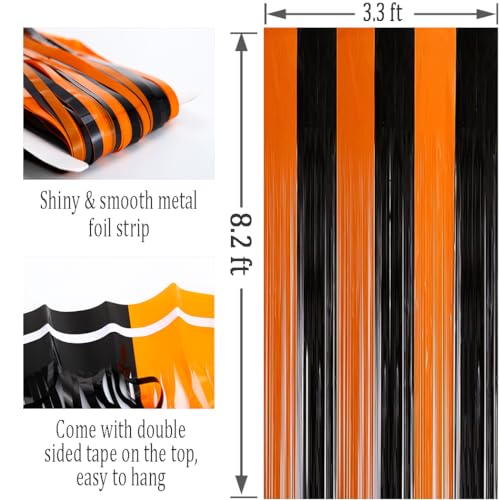 Black and Orange Foil Fringe Curtains for Halloween Party Decor - 2pcs