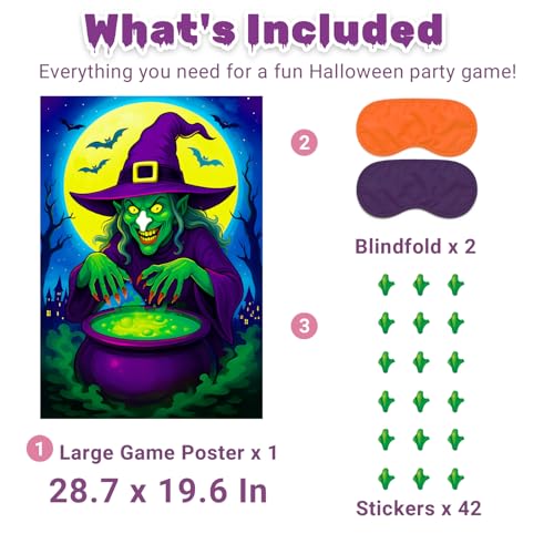Halloween Party Pin the Witch Game Set with Poster & Stickers