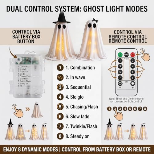 Lighted Ghost Halloween Decorations Set - 2PCS Warm White Spooky Decor for Table Mantel Shelf