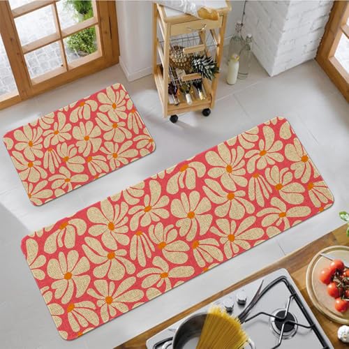 Pink Daisy Floral Kitchen Rugs Set - Non-Slip Indoor Mats for Kitchen & Home Decor, 2-Piece