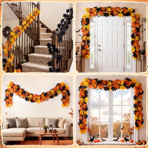 Halloween Garland Set - 8 Black and Orange Maple Leaf Garlands 26ft Fall Decor