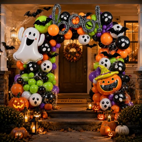 Halloween Balloon Arch Kit with Ghost and Pumpkin Foil Balloons - 184pcs Party Decor