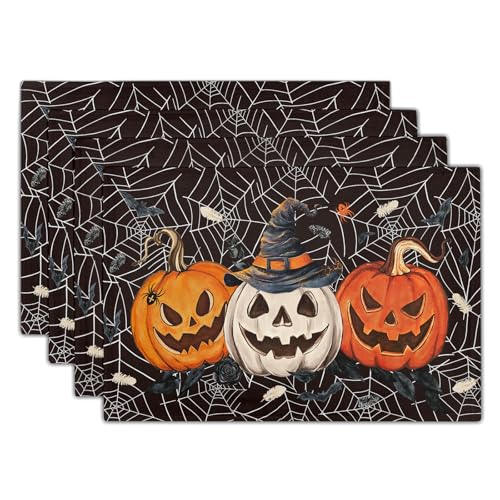 Halloween Placemats Set of 4 - Pumpkin Spider Web Linen Table Mats - Fall Holiday Decor