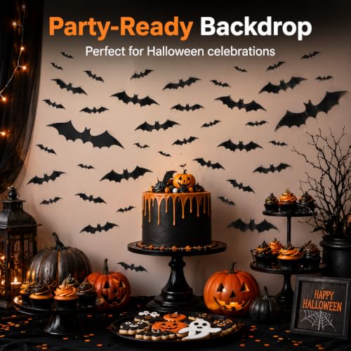 Halloween 3D Bat Decorations Set - 144 Black Indoor Wall & Window Stickers