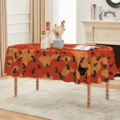 Fall Tablecloth 60 x 84 Inch Oval Black Cat Pumpkin Seasonal Orange