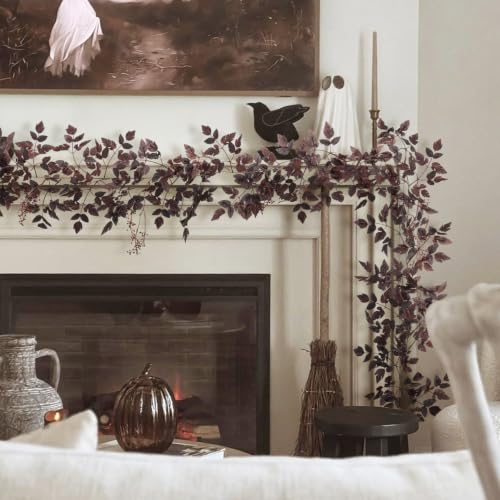 9Ft Purple Fall Garland for Mantle Indoor & Outdoor Decor - Realistic Leaves