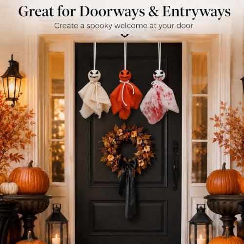 Halloween Ghost Hanging Ornaments - Set of 3, 8.7 Inch Farmhouse Rustic Decor for Haunted House & Yard