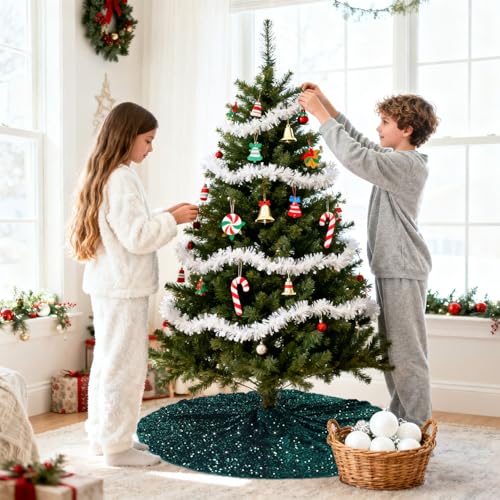 Emerald Green Sequin Velvet Christmas Tree Skirt - 46 Inch Round Holiday Decor