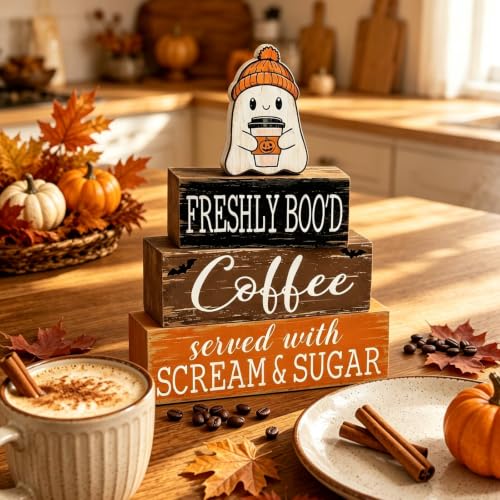 Halloween Ghost Coffee Table Decor Set - Wooden Bar Sign 4 Pcs