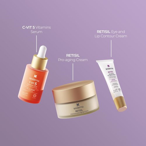 Sesderma Intense Renewal Gift Set - C-VIT 5 Vitamins Serum 1.0 fl Oz, RETISIL Pro-Aging Cream 1.7 fl Oz & Eye and Lip Contour 0.5 fl Oz | Brighten & Nourish All Skin Types