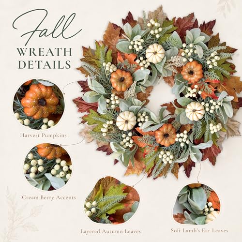 Pumpkin Fall Wreath for Front Door - 20'' Autumn Pumpkin & Maple Leaves - Thanksgiving Harvest Decor - Variation: Pumpkin 20"