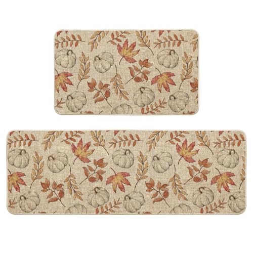 Pumpkin Fall Kitchen Mats Set of 2 - 17x29 & 17x47 Inches, Beige