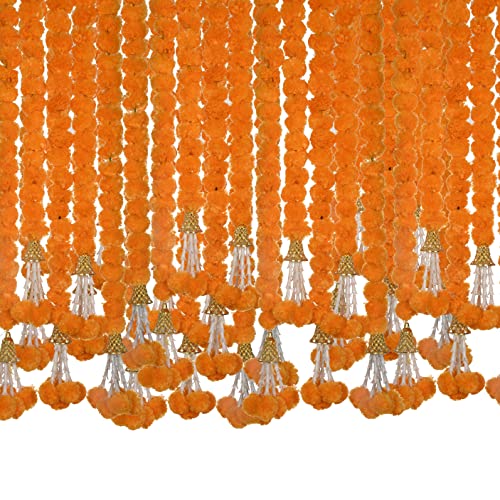 Artificial Marigold Garland - 5 Feet Long Flower Strands for Indian Decor, Weddings, Diwali, Christmas - Orange - 5 Pieces