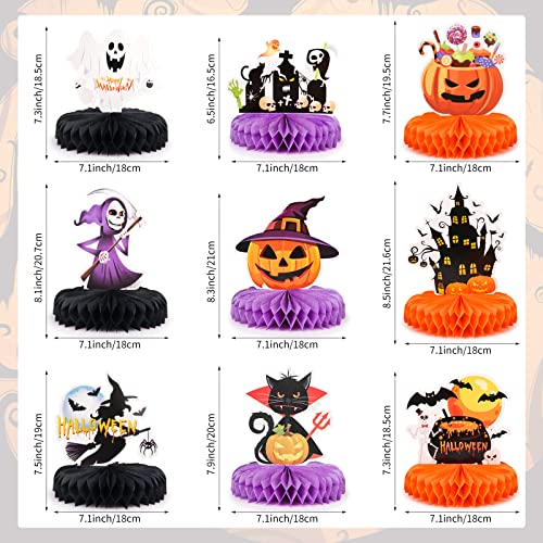 Halloween Table Centerpieces Set - 9 Honeycomb Decorations with Pumpkin Ghost Skull Cat Witch Variations