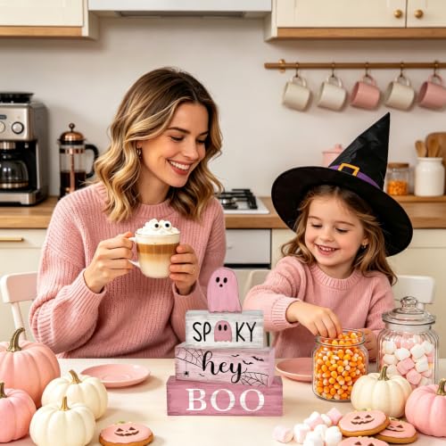 Pink Halloween Wooden Table Decorations Set - Double Sided Ghost & Spooky Signs, Farmhouse Style - Variation of THIS listing